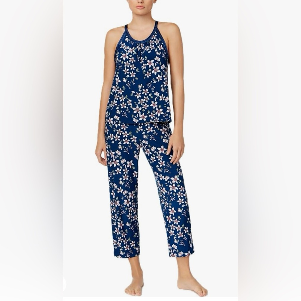 Alfani Satin Trimmed Printed Knit Pajama Set, Size L in Fall Blossom Print